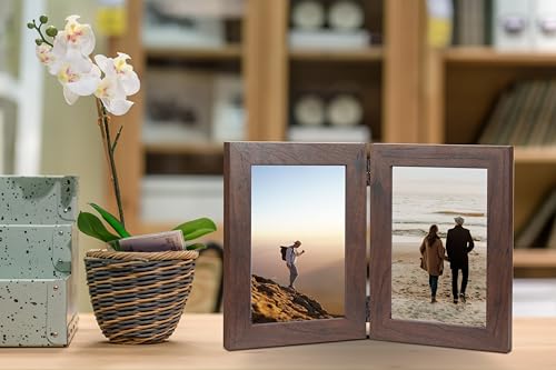 Brown Double Photo Picture Frame 6 x 4, Holds 2 Standard Photographs, Freestanding, Twin Hinged 6x4 10 x 15 cm Picture Frames，Glass Front Stand Vertical on Desktop - color: Brown, size: 2x46