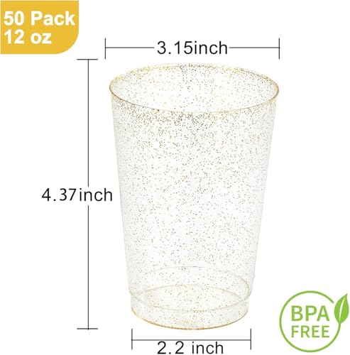 I00000 50 Pack 12 oz Gold Glitter Cups, Premium Clear Disposable Gold Cups | Gold Plastic Wine Glasses, Cocktail Glasses, Heavy Duty, Elegant Glitter Plastic Tumblers for Birthday, Wedding & Party - color: Glitter-12oz-50