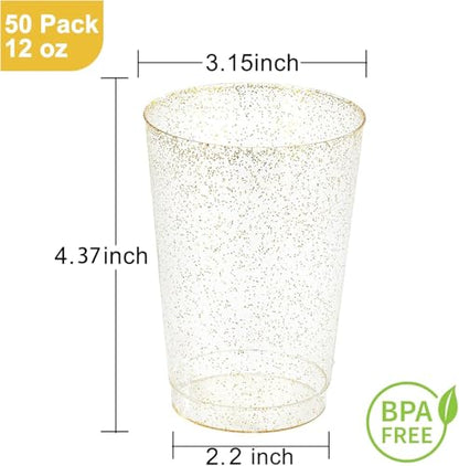 I00000 50 Pack 12 oz Gold Glitter Cups, Premium Clear Disposable Gold Cups | Gold Plastic Wine Glasses, Cocktail Glasses, Heavy Duty, Elegant Glitter Plastic Tumblers for Birthday, Wedding & Party - color: Glitter-12oz-50
