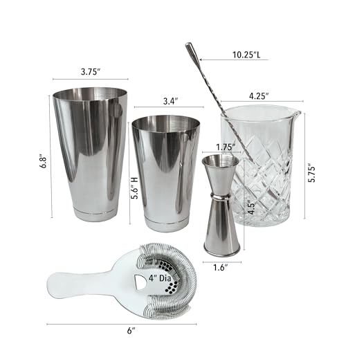 Lily's Home 6-Piece Boston Cocktail Shaker Set: Boston Shaker Cocktail Set,Mixing Glass, Mixing Spoon,Dual Sided Jigger and Stainer,for Home Mixology,Cocktail Lovers & Beginner