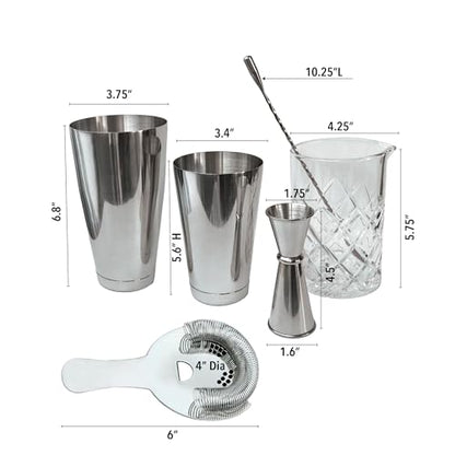 Lily's Home 6-Piece Boston Cocktail Shaker Set: Boston Shaker Cocktail Set,Mixing Glass, Mixing Spoon,Dual Sided Jigger and Stainer,for Home Mixology,Cocktail Lovers & Beginner