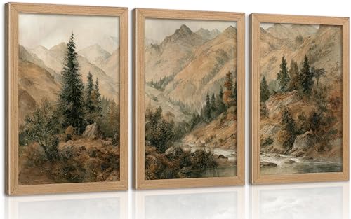 Framed Vintage Mountain River Wall Art Set, Autumn Range Landscape Oil Painting Canvas Prints, Rustic Farmhouse Pine Wall Decor, Natural Scenery Poster Artwork for Living Room Bedroom Office - color: Autumn Lakes, size: 16"Lx12"W