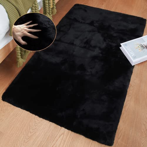 ORINOVA Faux Rabbit Fur Rug Machine Washable Area Rugs Black Fur Rug for Living Room Fuzzy Rugs for Bedroom Teen Room Decor Small Sheepskin 2x3 Rectangle Rugs - color: Black, size: 2' x 3' (Rectangular)