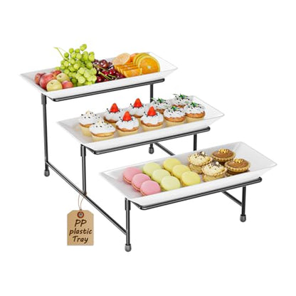 3 Tier Serving Tray, 12'' Collapsible BPA Free Dessert Stand, Black | 3-Tier Serving Platter. BPA-Free, Shatterproof. Steel Frame, Collapsible. Ideal For Parties, Weddings, BBQ & Holiday Events. - color: Black, size: 12" x 11.6" x 8.7"