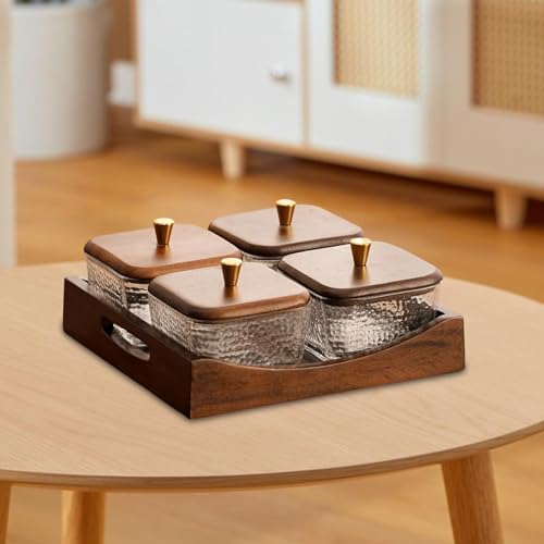 Divided Serving Tray with Lid, Made of Glass and Wood, Snack Bowl with Compartments for Fruit, Nuts, and Sweets. and Practical for Kitchen, of, 4 Compartment Square - size: 4 Compartment Square