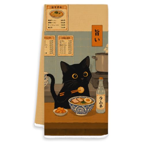 Japanese Ramen Black Cat Kitchen Dish Hand Towels 16x24 | Black Cat Lover Gifts, Japanese Themed Gifts Decorative Hand Tea Towels for Kitchen Dining Room - color: White-boho Cat