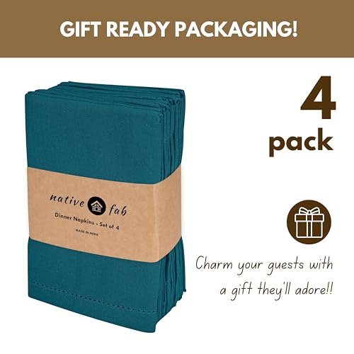 Native Fab Cloth Napkins Set of 4, 100% Cotton, Hemstitch Mitered Edges, Washable Fabric Napkins, 18x18 inch, Soft, Breathable, Reusable Hotel Quality Napkins for Events, Party, Dinner - Teal Green - color: Teal Green, size: 18" x 18" (Set of 4)