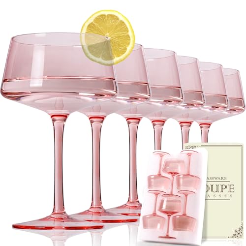JOVGANK Pink Martini Glasses Set of 6 – 13oz Lead-Free Crystal Glass, Hand-Blown Classic Champagne & Cocktail Luxury Cups, Elegant Glassware for Party Home Bar Wedding Gift for Ice Cream Dessert - color: Classic-Pink