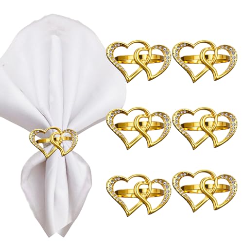 6 Set Valentine Heart Napkin Rings, Metal Double Heart Shape Napkin Ring Holder Buckles for Valentines Wedding Anniversary Birthday Party Table Decoration Supplies (Gold, M) - color: Gold