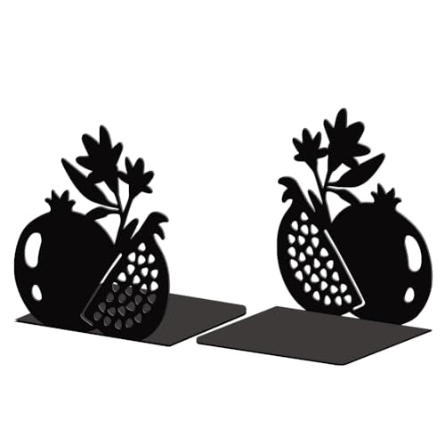 5.3"x4.3"x5.9" Metal Bookends, Heavy Duty Book Ends for Shelves | Pomegranate Theme Cast Iron Book Supports, 1 Pair Decor Stoppers for Desk, Library, Office & Home Shelves - style: Pomegranate