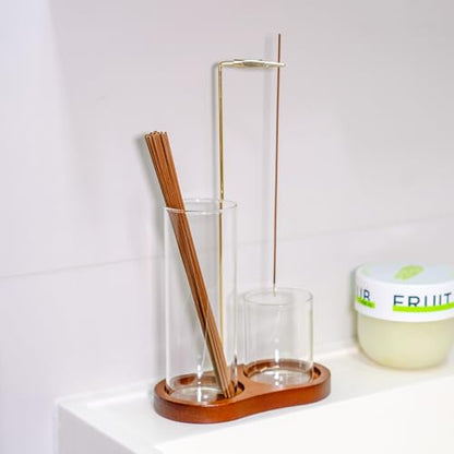 Modern 2-in-1 Incense Holder with Glass Ash Catcher, Featuring a Wood Tray, Metal Rod & 2 Glass Cups for Organized Burning. Perfect for a Clean Desk, Zen Meditation, Yoga and Home Decor