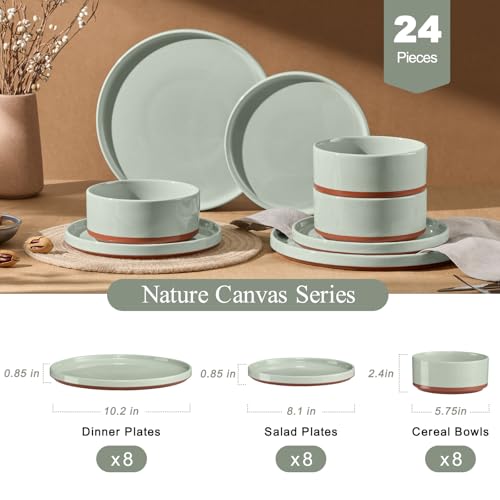 LIANYU Stoneware Dinnerware Sets Service for 8, 24 PCS Plates and Bowls Set | Handmade Ceramic Dish Set, Highly Chip and Crack Resistant Modern Plate Set, Laurel Green - color: Fog Green