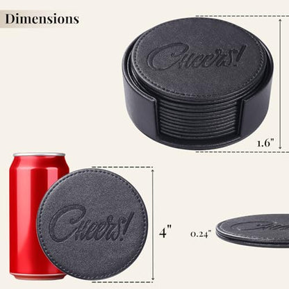 Coasters for Drinks Set of 6 with Holder, 6-Piece Leather Coasters with Embossed Cheers Marks - Durable Drink Coasters Set for Home, Bar, or Office - Black - color: Black