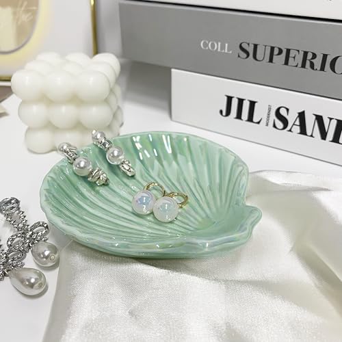 Ceramic Shell Ring Holder Dish, Small Shell Trinket Dish, Beachy Jewelry Plate for Earrings Necklace Valentine's Mother's Day Christmas Birthday Gifts for Women, 3.9", Ice Green Iridescent Surface - color: Ice Green