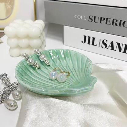 Ceramic Shell Ring Holder Dish, Small Shell Trinket Dish, Beachy Jewelry Plate for Earrings Necklace Valentine's Mother's Day Christmas Birthday Gifts for Women, 3.9", Ice Green Iridescent Surface - color: Ice Green