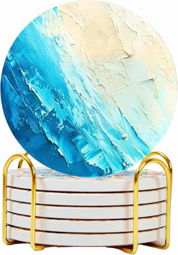 Ceramic Marble Coasters Set of 6, Absorbent Drink Coasters for Table | Colorful moisture-absorbing marble stone coasters; coffee table decor, cute alternative to cork, silicone or glass - color: Waves