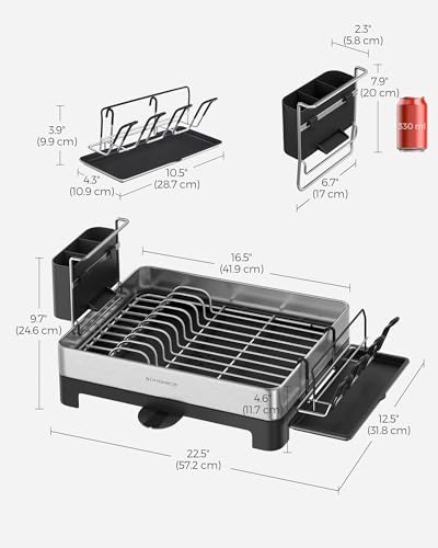 SONGMICS Dish Drying Rack, Premium Stainless Steel Dish Rack with Rotatable Spout, Fingerprint-Resistant Dish Drainers for Kitchen Counter, 12.5 x 22.5 in, Silver and Black UKCS030B01 - color: Silver + Black, size: 12.5"D x 22.5"W x 9.7"H