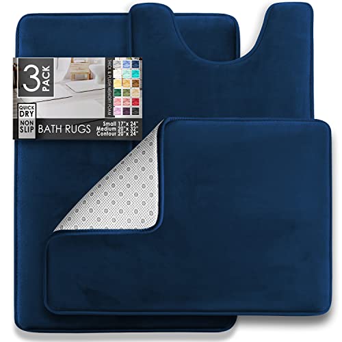 Clara Clark 3 Piece Bathroom Rugs Bath Mat Set, Velvet Memory Foam Bath Mats for Bathroom - Non-Slip, PVC Backing Bath Rugs, Washable - Dries Quickly, Blue - color: Blue