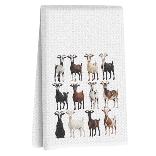 Goat Decor Kitchen Towels, Sheep Lovers Gifts for Girls Women Mom Friends | Watercolor Cartoon Various Goats Hand Towel Tea Towels Funny Goat Gifts Bathroom Decor Waffle Weave Absorbent Hand Cloth - color: Goat Print