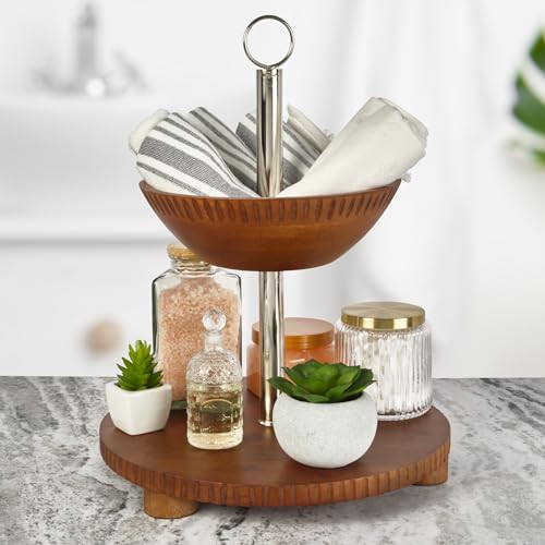 Gourmet Basics by Mikasa Hamden Mango Wood 2-Tier Serving Fruit Basket and Platter – Kitchen Countertop and Buffet Table Stand for Elegant Fruit Display