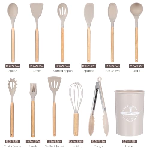 12 Pcs Kitchen Utensils Set, 446°F Heat Resistant Silicone | Non-Toxic Wooden Cooking Tools for Nonstick Cookware, Khaki Kitchen Gadgets Set, Accessories for Daily Cooking & Baking