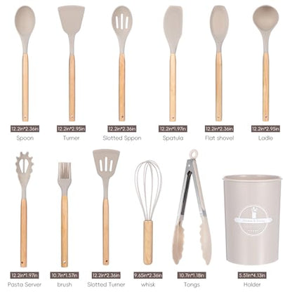 12 Pcs Kitchen Utensils Set, 446°F Heat Resistant Silicone | Non-Toxic Wooden Cooking Tools for Nonstick Cookware, Khaki Kitchen Gadgets Set, Accessories for Daily Cooking & Baking