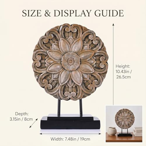 Brown Farmhouse Table top Sculpture Above Cabinet Decor Kitchen, Boho Carving Knick Knacks Shelf Decor Accent, Round Statue for Credenza Bookshelf Rustic Shabby Chic Center Pieces Decoration