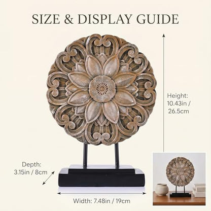 Brown Farmhouse Table top Sculpture Above Cabinet Decor Kitchen, Boho Carving Knick Knacks Shelf Decor Accent, Round Statue for Credenza Bookshelf Rustic Shabby Chic Center Pieces Decoration