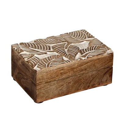 Mother's Day Wooden Hand White Wash Leaf Design Jewelry Storage Box Holder | Tarot Card Trinket Keepsake Wooden Storage Box Perfect Gifts for Women 6x4x2.5 Inch
