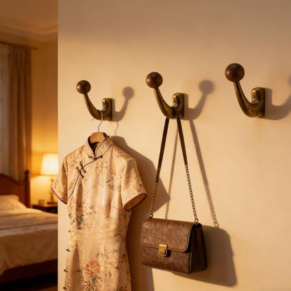 wall-mounted light luxury coat hooks, used for hanging coats, hats, scarves and towels, suitable for entrance halls, bathrooms and bedrooms (2, 7110Large-flowered Yellow Ancient + Walnut Wood) - color: 7110Large-flowered Yellow Ancient + Walnut Wood