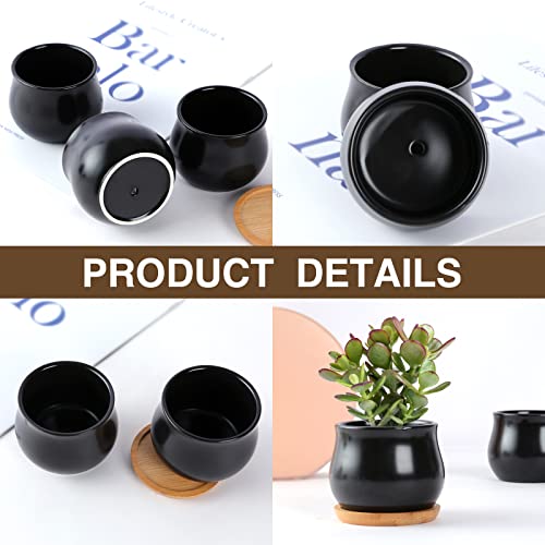 SHECIPIN 8 Pack Succulent Plant Pot, Matte Black Mini 2.6 inch Ceramic Flower Planter Pot with Bamboo Tray, Small Pots for Plants, Plants Not Included - color: Black
