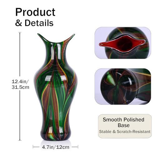Hand Blown Glass Vase for Flowers, Murano Style Swirl Art Decorative Glass Vases for Home Decor, Wedding Table Centerpiece for Bookshelf & Dining Table