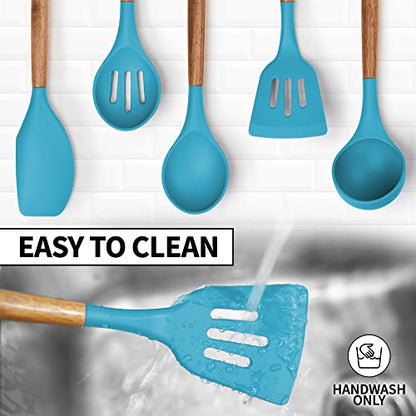 Zulay Kitchen 5 Piece Silicone Utensil Set | Non-Stick Silicone Cooking Utensils Set with Acacia Wood Handles - 464°F Heat Resistance Kitchen Utensils Set - Blue - color: Blue, size: 5-Piece Set