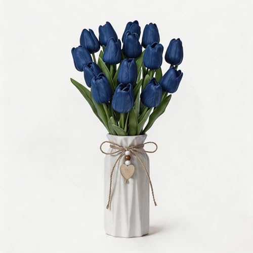 Artificial Tulip Flower Arrangement in Ceramic Vase with Rustic Heart Charm, 15 PCS PU Real Touch Faux Floral Table Centerpiece for Home, Dining Table, Wedding Décor, Royal Blue - color: Royal Blue
