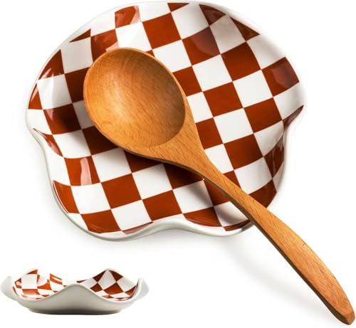 Miamolo Checkered Spoon Rest for Kitchen Counter, Holds Cooking Utensils | 5.3" Spoon Holder for Stove Top | Ceramic Solid Build, Deep Well for Messy Drips | Coffee Bar Essential, Dishwasher Safe - color: Brown-White