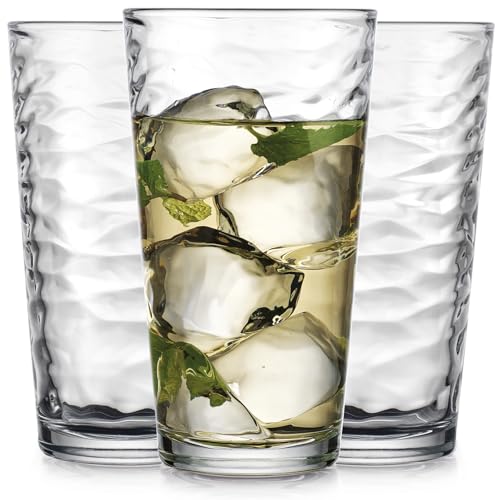 Glaver's Hammered Glass Cups. Cocktail Drinking Glasses Set of 6 Tall Kitchen Glasses, 17 oz Water Glassware For Bar, Juice, Beer, Iced Tea, Everyday Cordial Glasses Drinkware. - size: 17 Ounces
