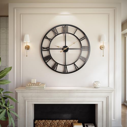 32 Inch Large Wall Clock, Roman Numeral Metal Oversized Wall Clocks | Vintage Round Modern Metal Wall Clock for Living Room Decor, Bedroom & Kitchen, Silent/Non Ticking/Battery Operated - color: Black-roman, size: 32 inch