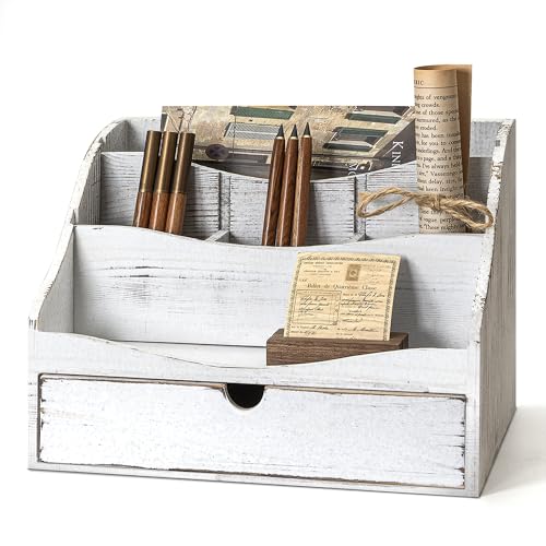 Rebee Vision Mail Organizer for Desk with Drawer for Home Decor, Whitewash | Pine Wood, Farmhouse Countertop Mail Sorter, 4-Slot Letter, Letter Organizer with Drawer, Room Organization, Home Aesthetic - color: B-Whitewash