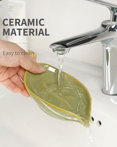 Soap Holder, Self-Draining Soap Dish, Leaf Shape Ceramic Bar Soap Holder Drain Soap Dishes for Bathroom Sink Kitchen, Easy to Clean Keeps Soap Dry, Olive Green, ANTIS'S HOME - color: Green-enhanced Drainage-1pcs