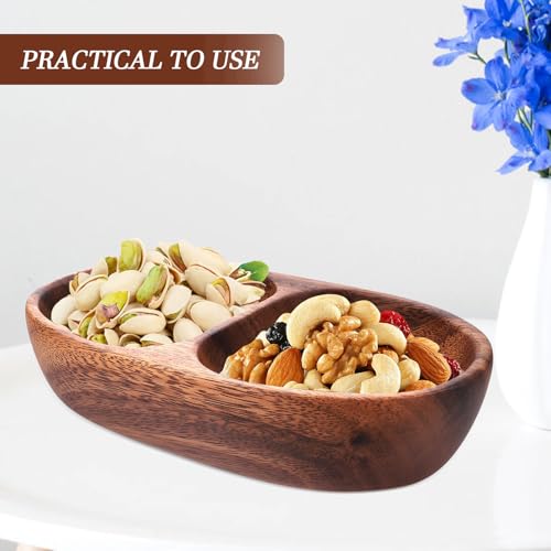 FUOYLOO Divided wood snack and fruit serving bowl, double compartment candy plate, salad bowl container, versatile wooden appetizer tray