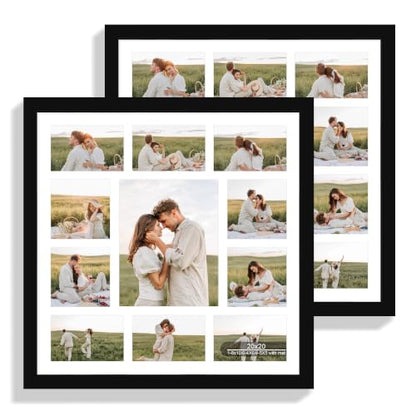 Hongkee 20x20 Square Frame 2 Pack, Fits 11 Photo with Mat- Real Glass Cover | Black Wooden, Display Collage One 8x10, Four 5x5, Six 4x6 - Wall Mounting, fits Photos, Posters and Art - color: Black, size: 20x20 in with mat