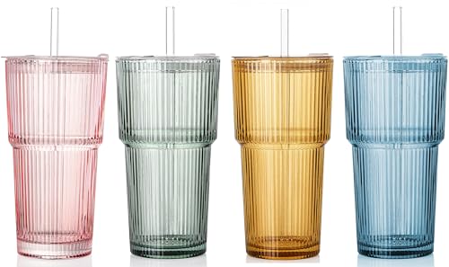 4PCS Colored Ribbed Glass Cups with Lids and Straws, 20oz Vintage Drinking Glasses, Aesthetic Iced Coffee Cups, Glass Tumbler for Boba, Beer, Tea, Cocktails, Ribbed Glassware Set,Colored - color: Colored-4