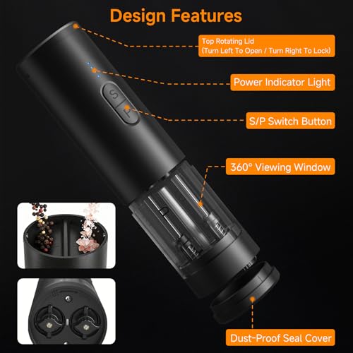 Electric Salt and Pepper Grinder Set Shakers 2 IN 1-Rechargeable Automatic Pepper Mill,with LED Lighting,Adjustable Grinder,Large Capacity-Ideal for Kitchen,BBQ,Ideal Kitchen Gifts (Black) - color: Black