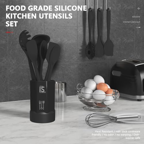 AOTHOD Silicone Cooking Utensils Set - 446°F Heat Resistant Kitchen Utensils,Turner Tongs,Spatula,Spoon,Brush,Whisk,Kitchen Utensil Gadgets Tools Set for Nonstick Cookware,Dishwasher Safe (BPA Free) - color: Black