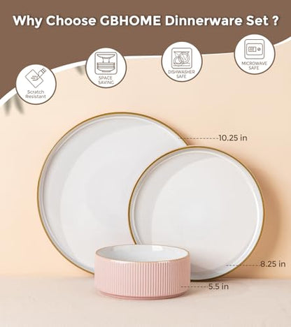 GBHOME Stoneware Dinnerware Sets for 4, 12 Pieces Plates and Bowls Set | Lightweight Ceramic Ribbed Dishes, Reactive Glaze Stackable Plate Set, Scratch Resistant, Microwave & Dishwasher Safe, Pink - color: Pink
