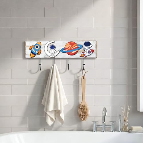 Space Themed Wooden Coat Rack with 4 Hooks, Rocket Astronaut Planet Moon Wall Mounted Hangers, Cute Cosmic Decorative Hook Rack for Room Entryway Playroom, Holds Hats Keys Towels Bags - style: Space