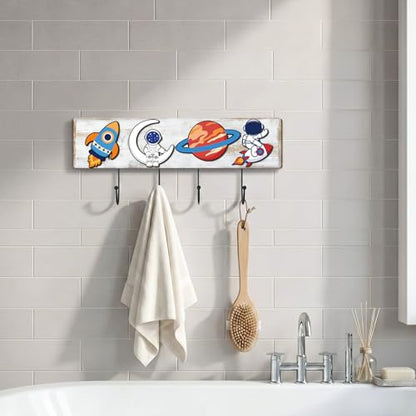 Space Themed Wooden Coat Rack with 4 Hooks, Rocket Astronaut Planet Moon Wall Mounted Hangers, Cute Cosmic Decorative Hook Rack for Room Entryway Playroom, Holds Hats Keys Towels Bags - style: Space