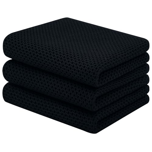 Homaxy 100% Cotton Waffle Weave Kitchen Towels, 3-Pack, Black | 13 x 28 Inches, Ultra Soft Absorbent Dish Towels, Quick Drying Cleaning Towels - color: Black, size: 13 X 28 - 3 Pack