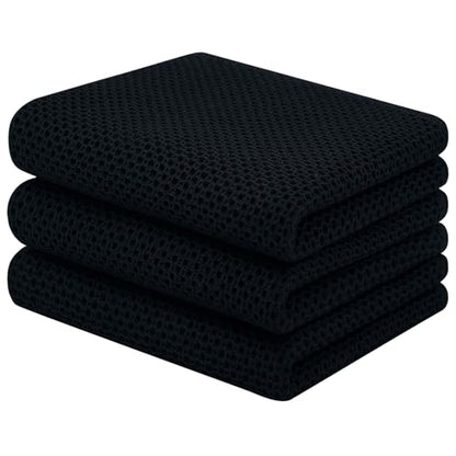 Homaxy 100% Cotton Waffle Weave Kitchen Towels, 3-Pack, Black | 13 x 28 Inches, Ultra Soft Absorbent Dish Towels, Quick Drying Cleaning Towels - color: Black, size: 13 X 28 - 3 Pack