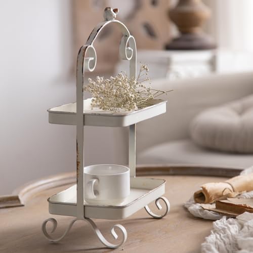 Decorative French Retro Distress Tray for Living Room and Hotel Tray Metal Iron White Trays for Home Decor 2-Tier Serving Tray Decor for Coffee Table